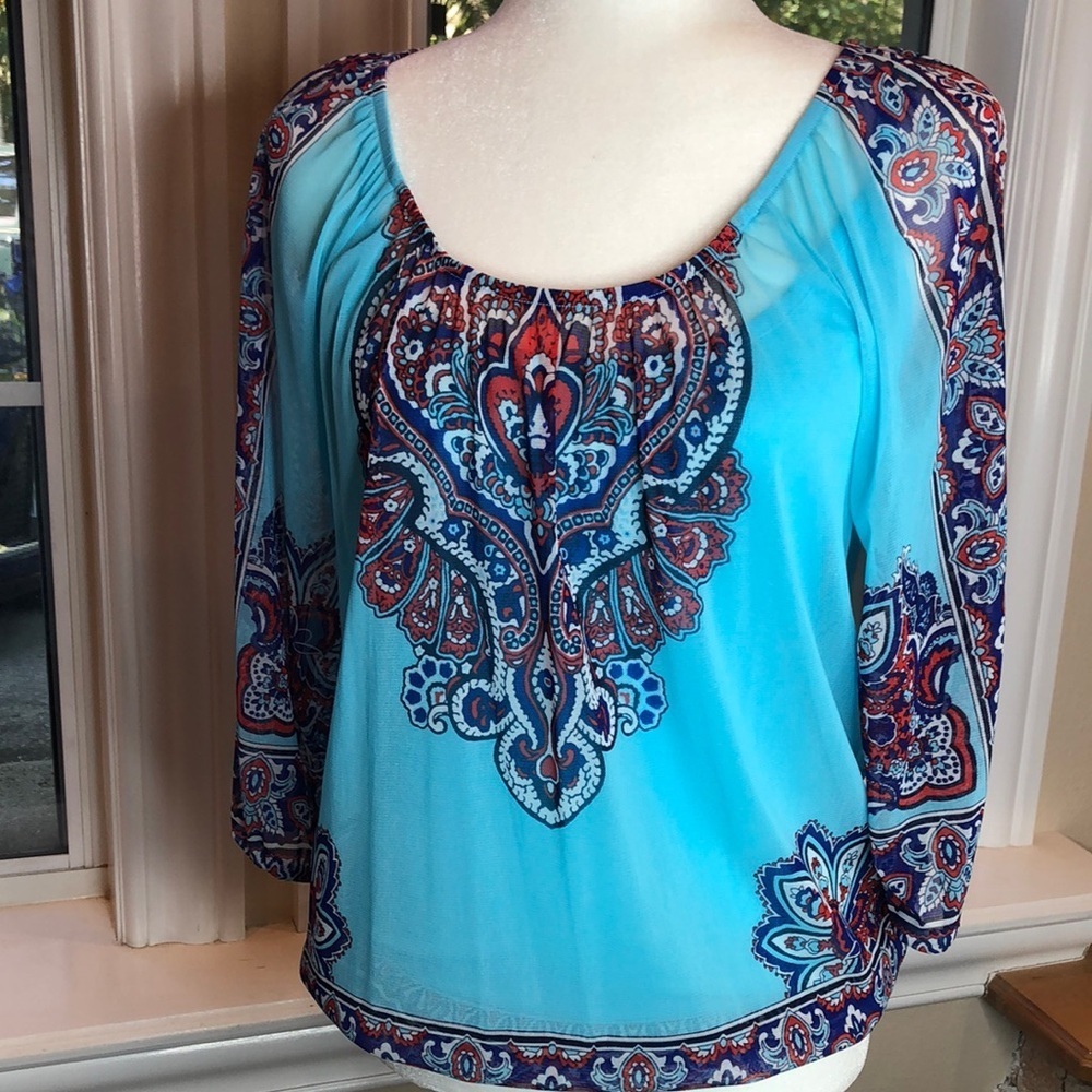 INC International Concepts Semi Sheer Turquoise 3/4 Sleeve Blouse top women’s S